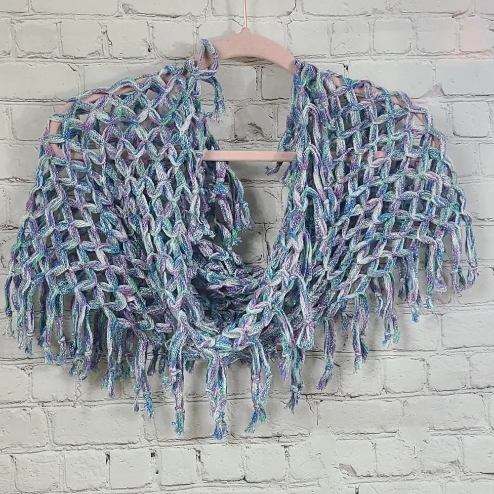 Justice Sparkly Braided Infinity Scarf Crochet Open Loose Knit Tassel Purple